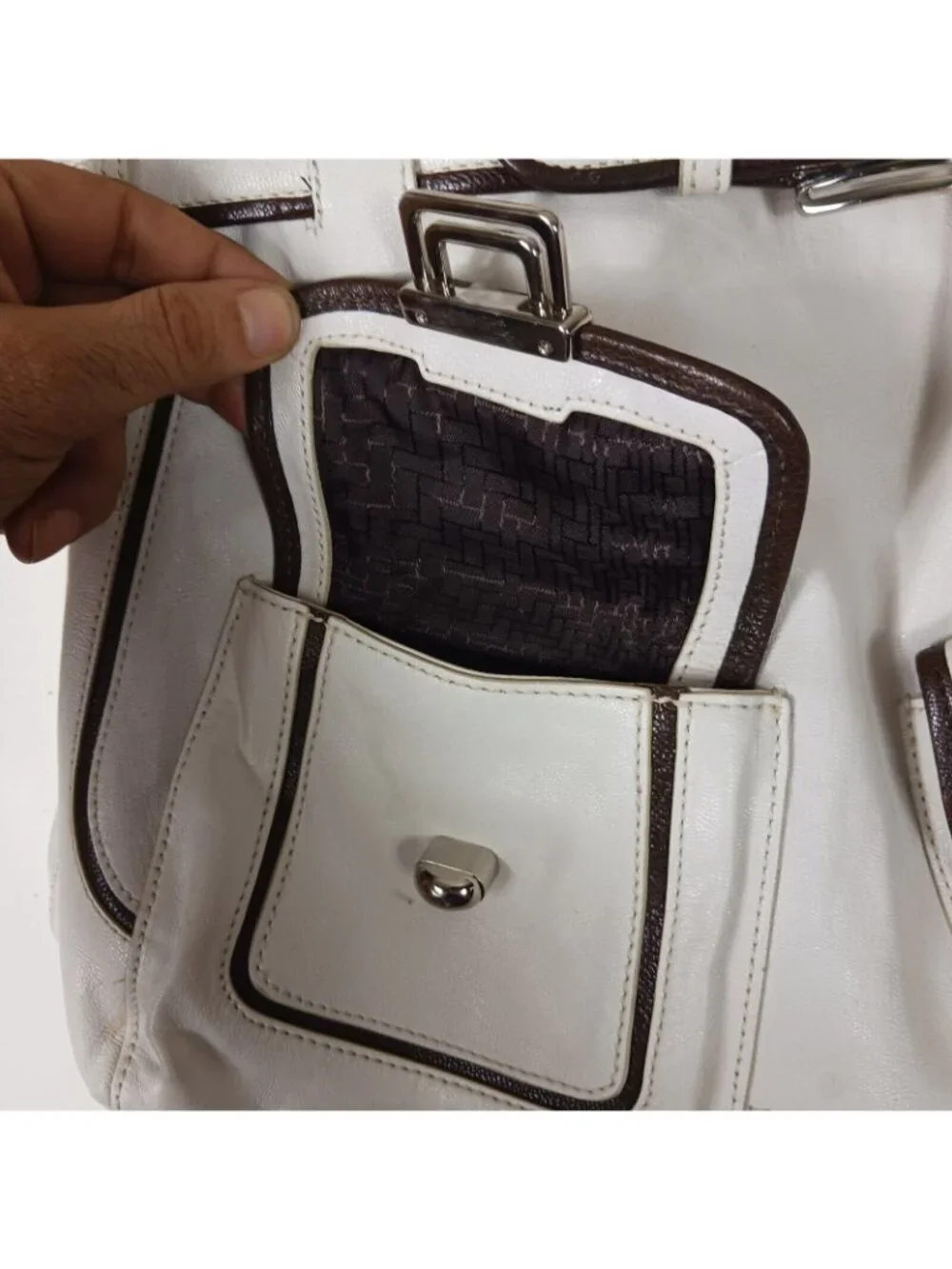 Cole Haan Leather Buckle Trim Multi Pocket Shoulder Bag Womens Ivory Brown